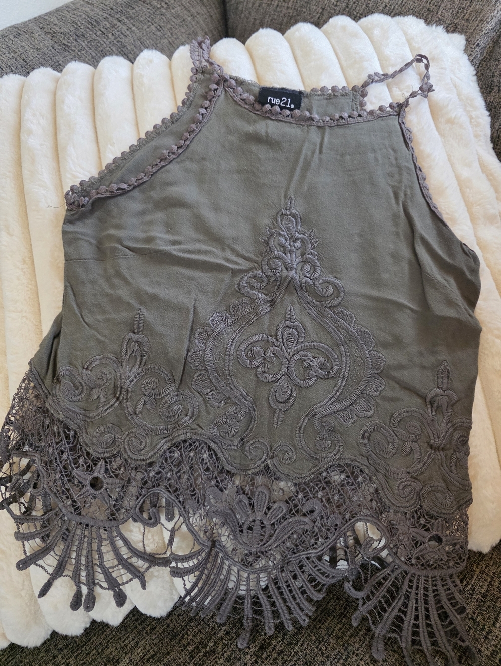 rue21 Olive Green Crochet-Trim Halter Camisole
